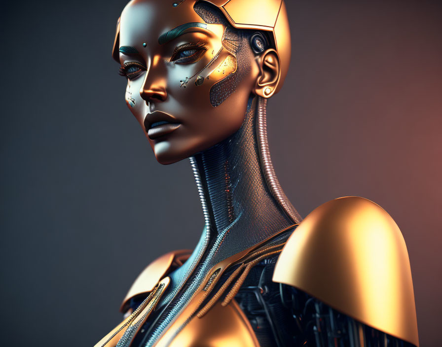 Golden armored humanoid female robot with intricate mechanical neck in 3D render.