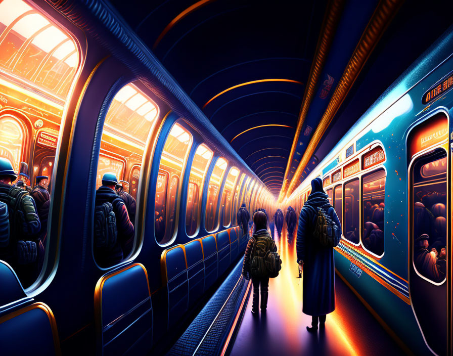 Futuristic Train Station with Blue and Orange Lighting