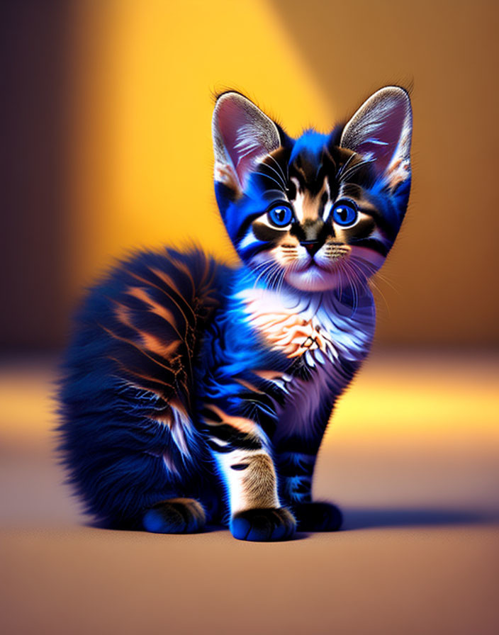 Colorful kitten with large eyes on orange background