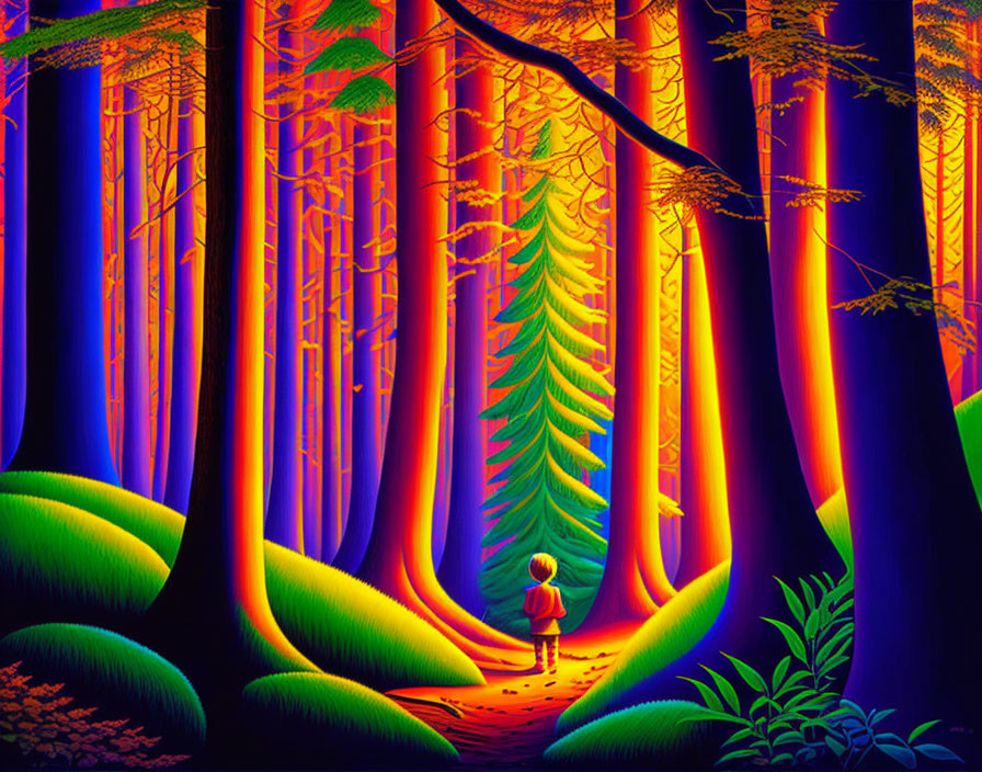 Colorful Child in Neon Forest with Oversized Leaf