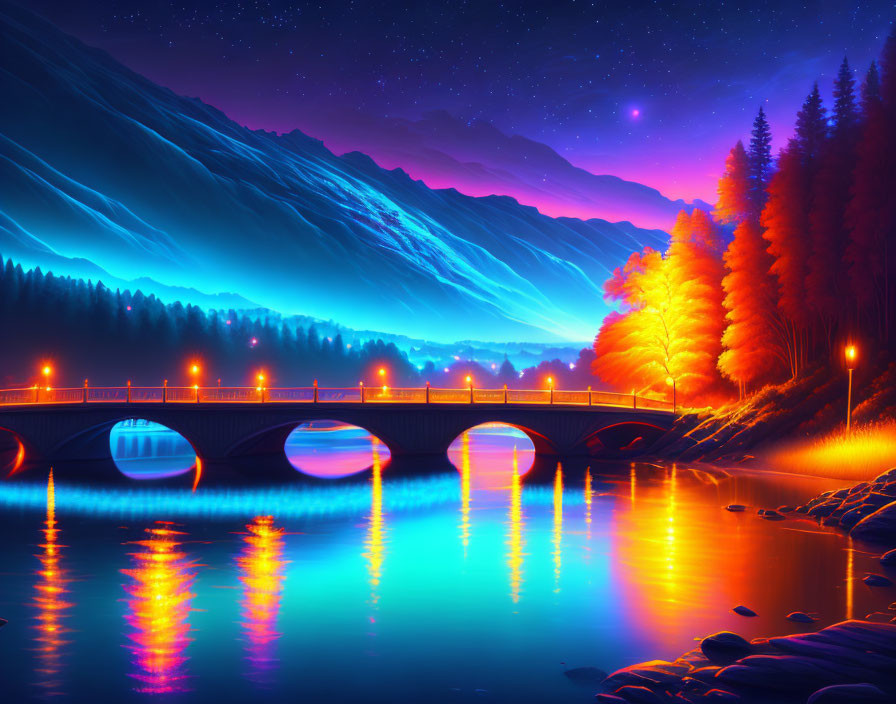 Vibrant neon-hued night landscape with lit bridge over reflective river