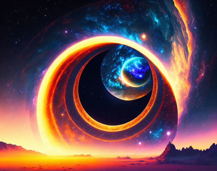 Colorful space scene with black hole, glowing rings, surreal planets, fiery nebula, and mountain