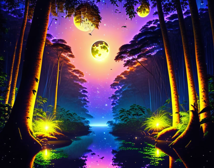 Mystical forest at night: luminous trees, glowing moon, water reflections