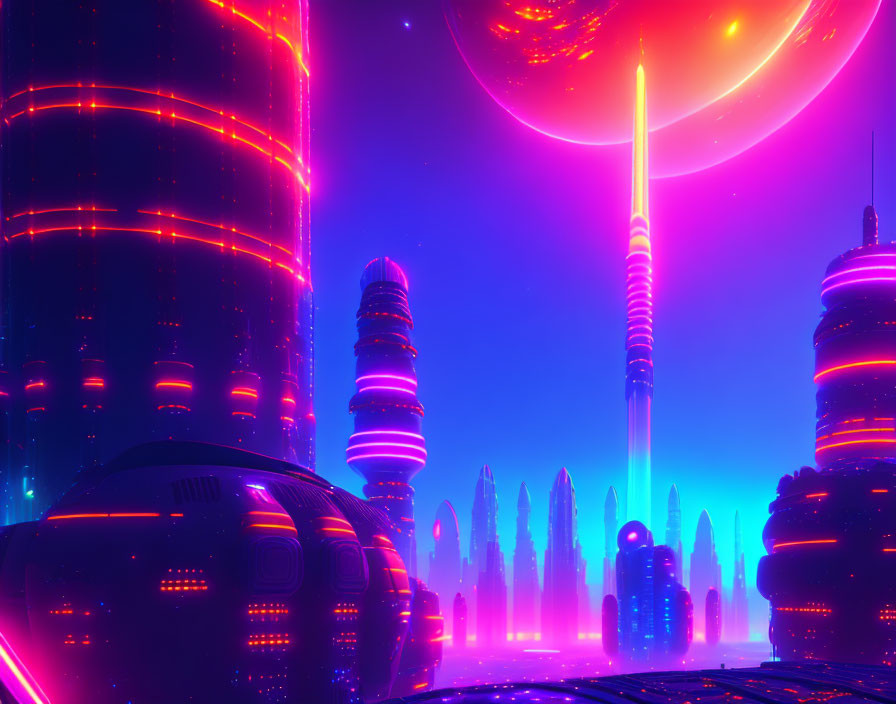 Futuristic neon-lit cityscape with skyscrapers, luminous tower, and large planet