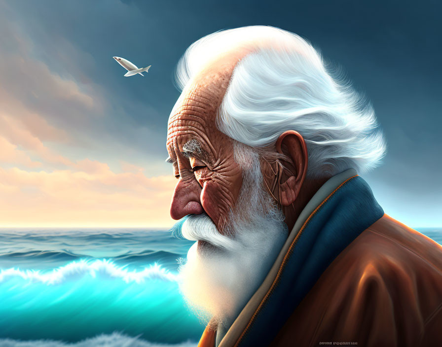 White-Haired Elderly Man Looking at Sea with Waves and Seagull