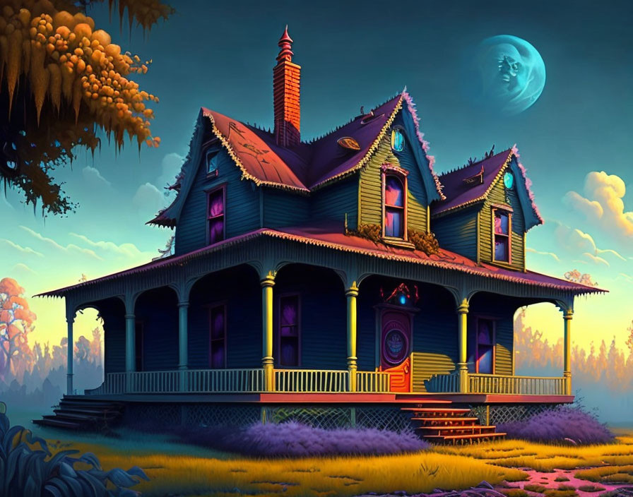 Colorful Victorian house at twilight with full moon and eerie foliage