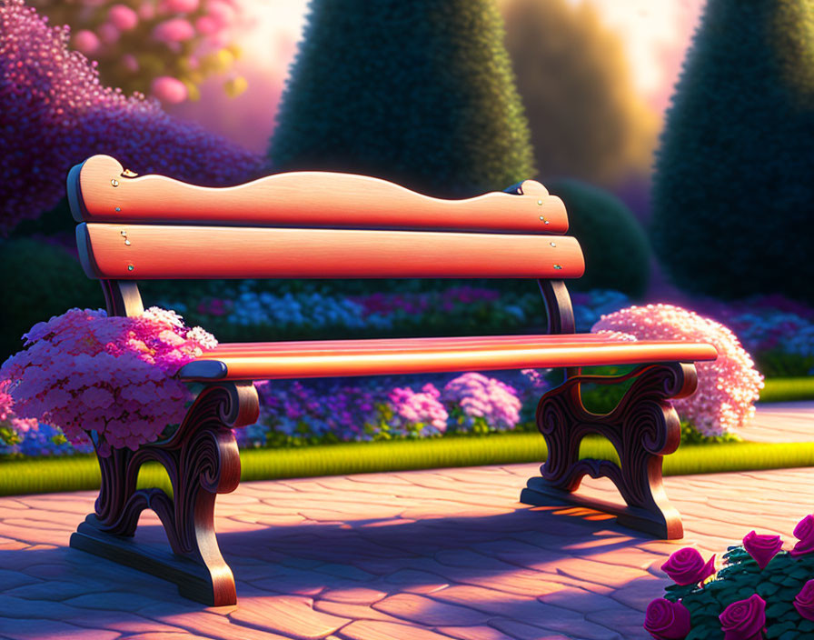 Lush Garden Scene with Wooden Bench and Flowers