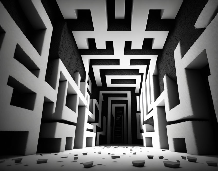 Monochromatic 3D maze illustration with vanishing point perspective