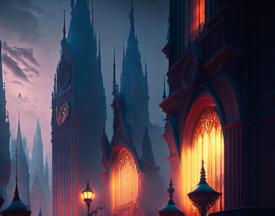 Gothic fantasy cityscape: towering spires, luminous windows, ornate street lamps at