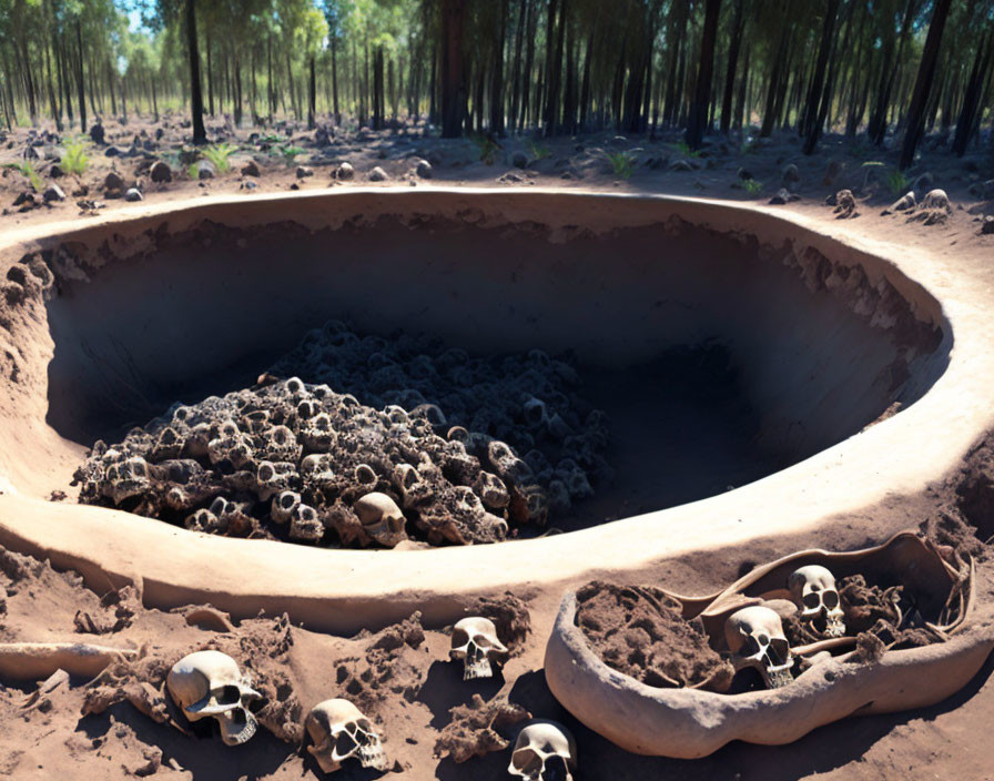 Forest Mass Grave: Human Skulls and Bones Among Trees