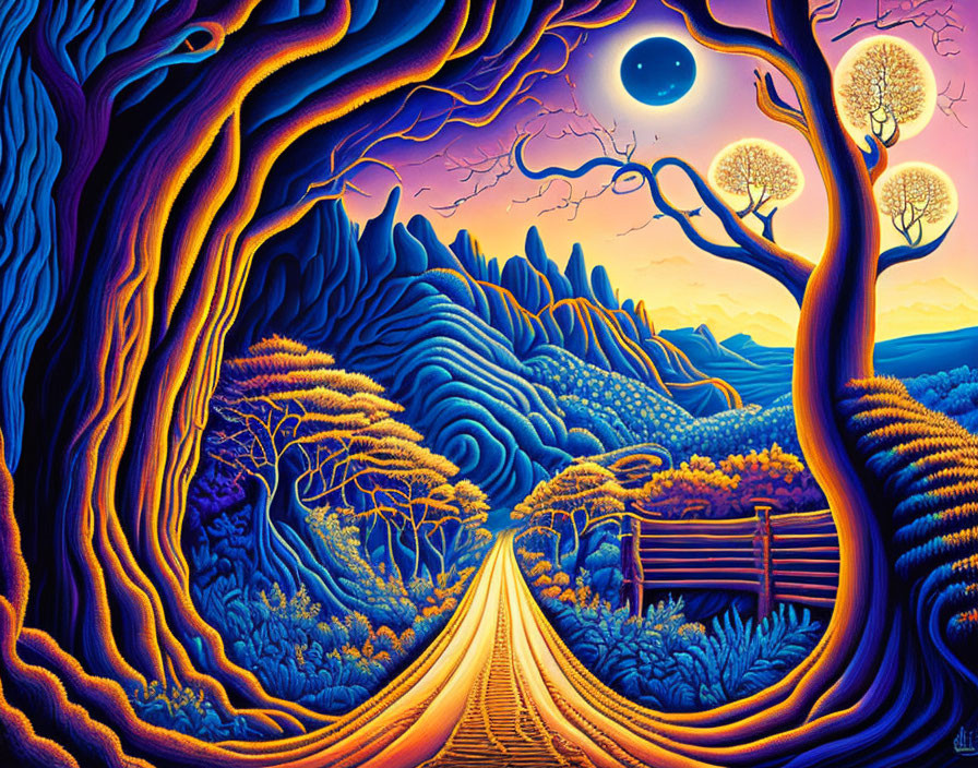 Surreal landscape with twisted blue trees under a purple sky