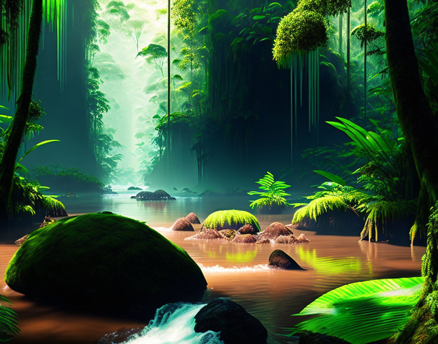 Tranquil river in lush green tropical forest