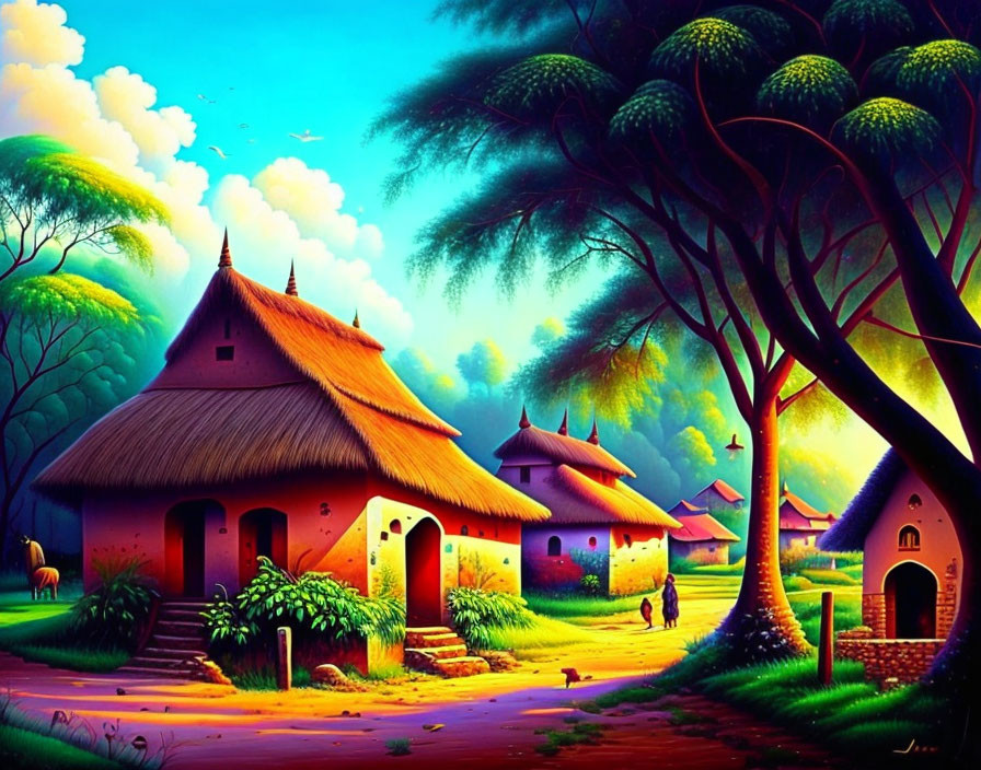 Colorful rural scene with thatched huts and people under twilight sky