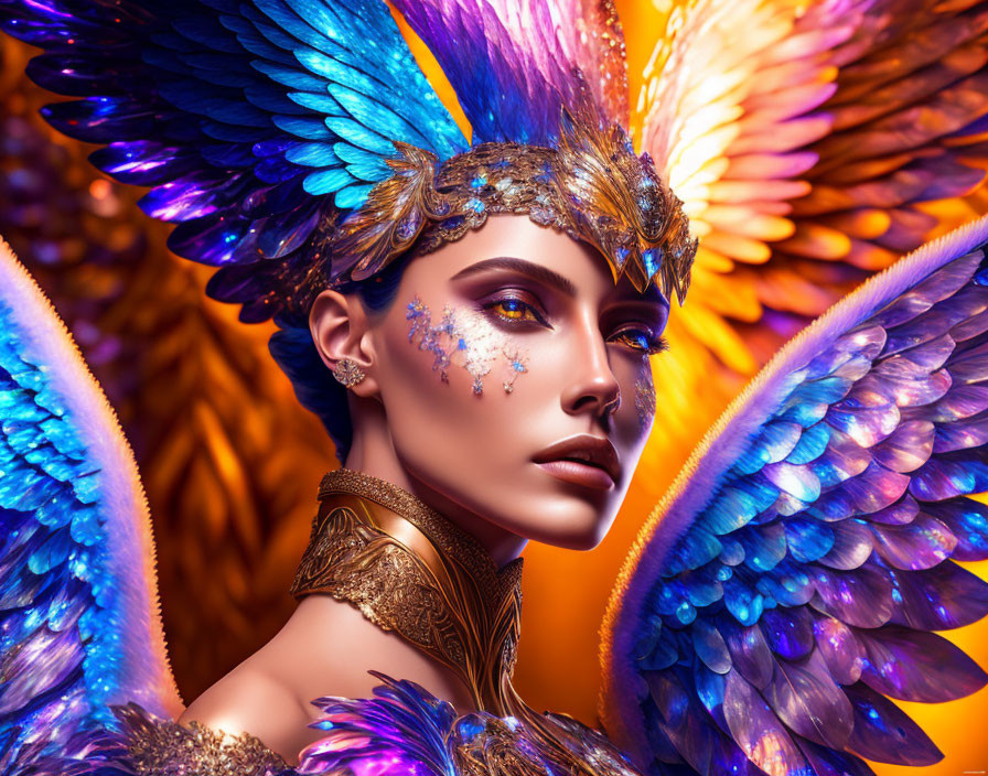 Colorful artwork: Person with bird-like wings in blue and gold feathers