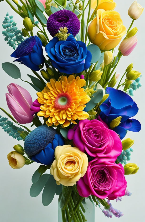 Colorful Rose Bouquet with Blue, Yellow, and Pink Flowers on Light Background