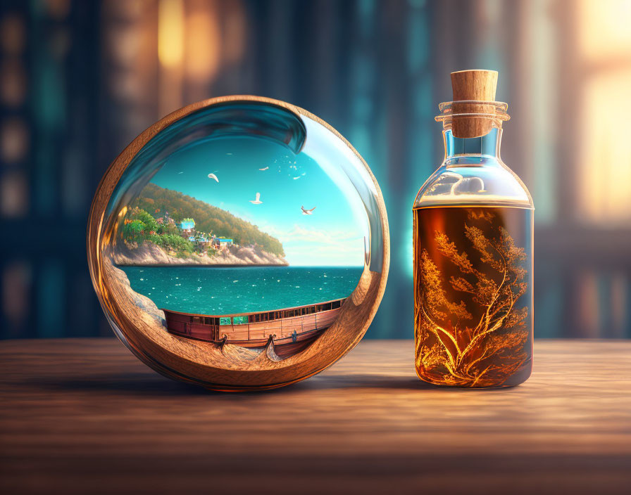 Crystal ball with seaside landscape & botanical bottle on wooden surface