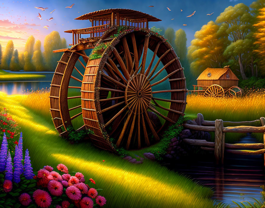 Idyllic landscape with waterwheel, hut, flowers, river, and sunset sky