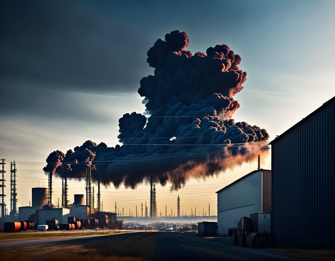 Urban skyline with smokestacks and buildings at sunrise or sunset