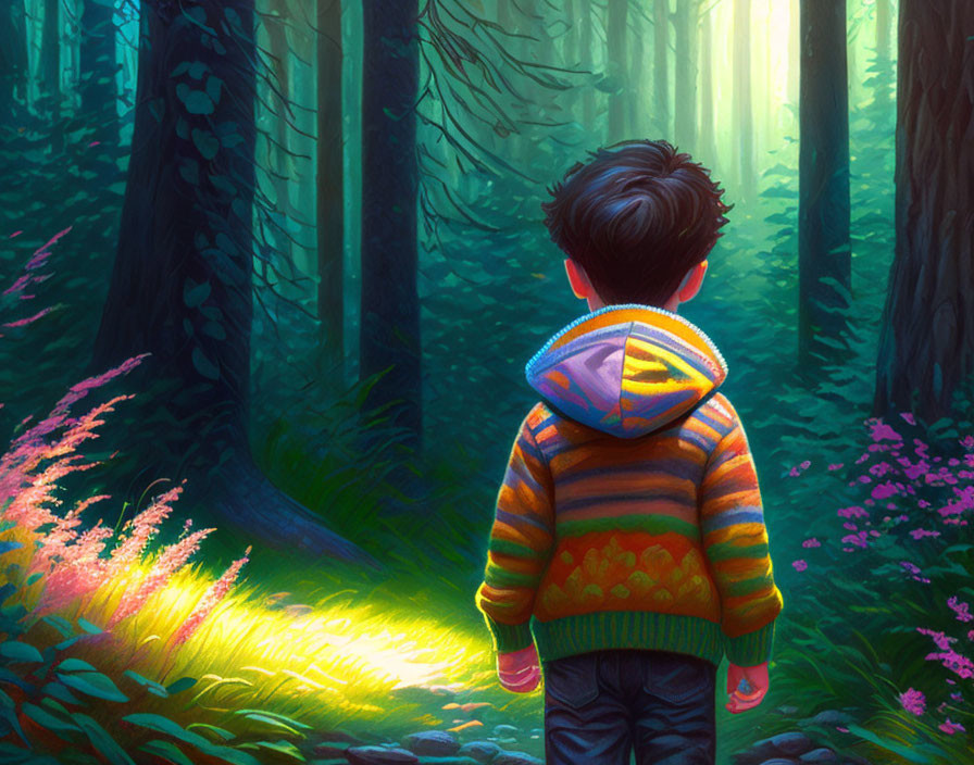 Child in Striped Sweater in Sunlit Forest Clearing