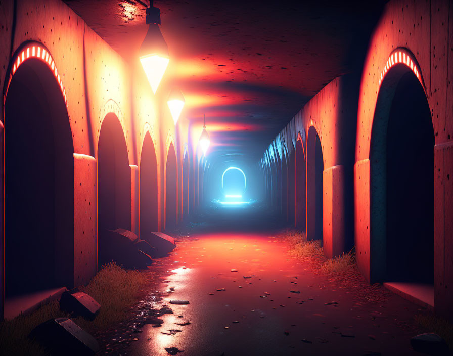 Dimly lit tunnel with arches and glowing lamps, mysterious blue light at end