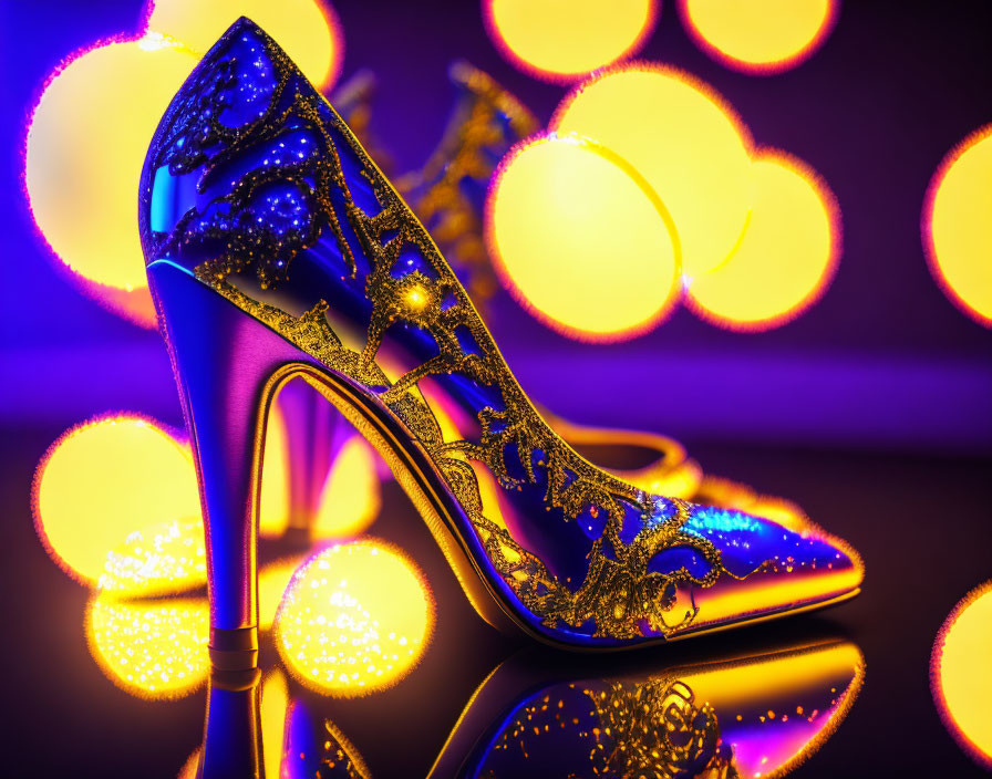 Glowing high heel shoe under neon lights and yellow bokeh circles