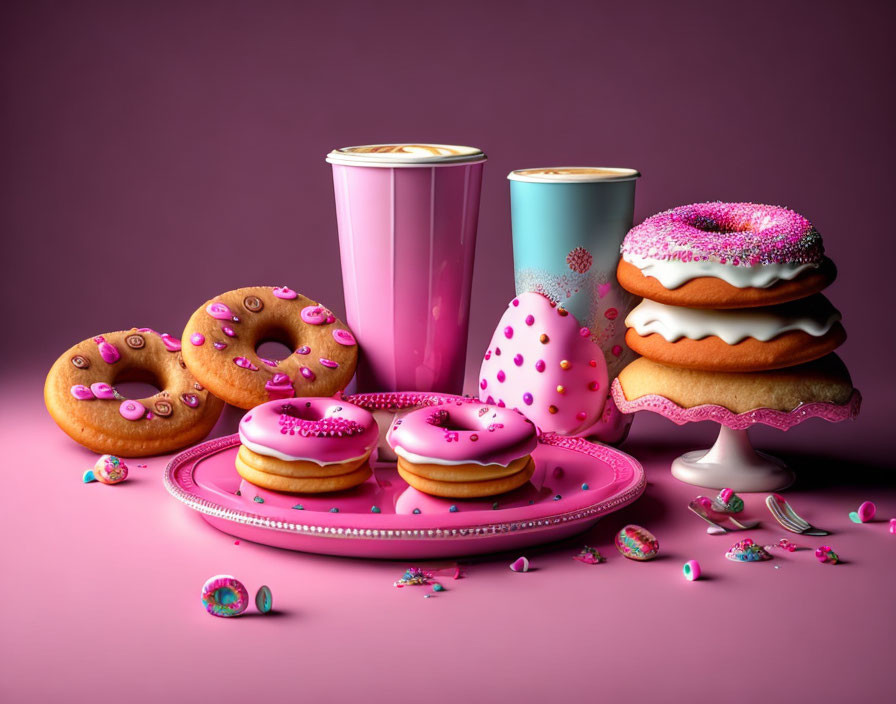 Colorful Donuts and Decorative Cups on Pink Background with Confectionery