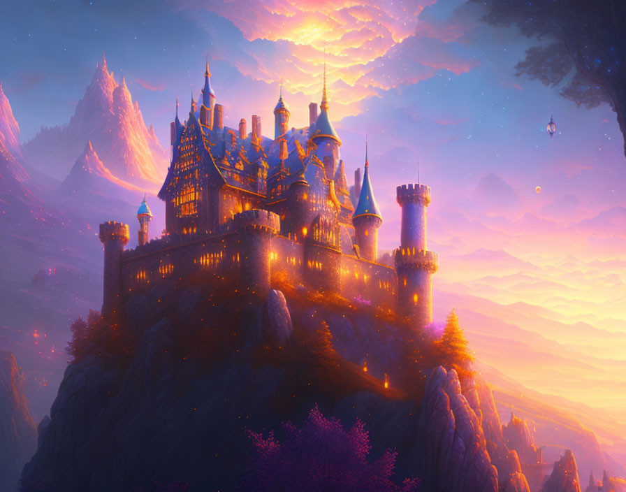 Majestic fantasy castle on mountain peak at twilight with purple skies