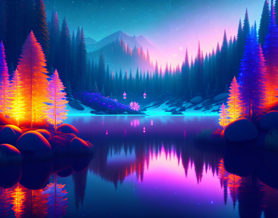 Neon-lit forest by reflective lake under starry sky