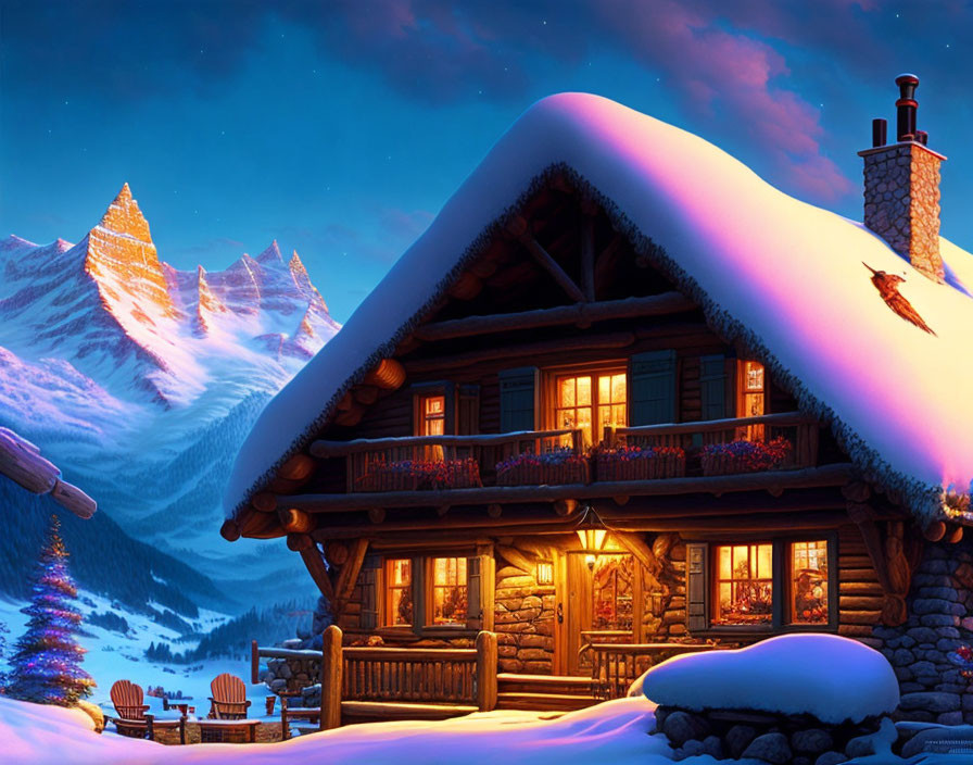 Snowy Twilight Scene: Glowing Windows of Wooden Cabin