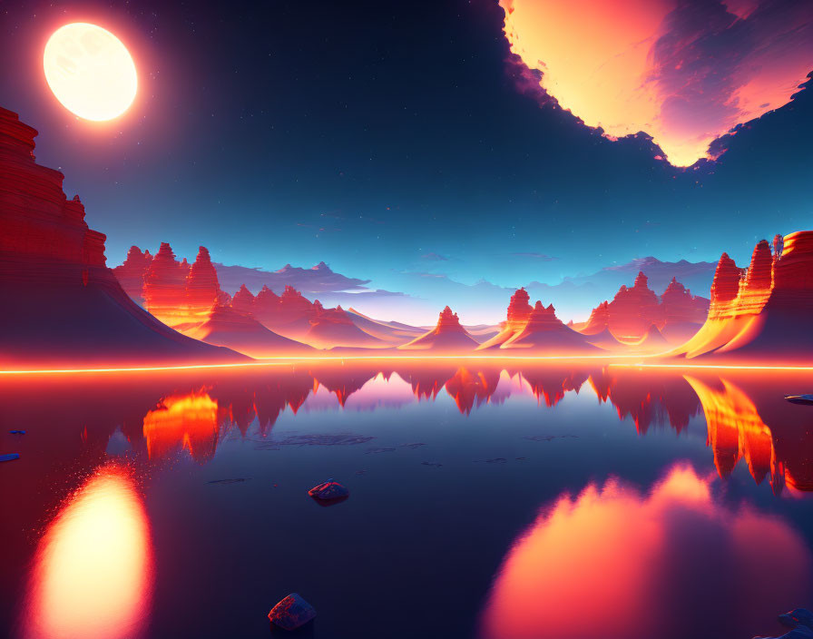 Vibrant surreal landscape with rock formations and moon