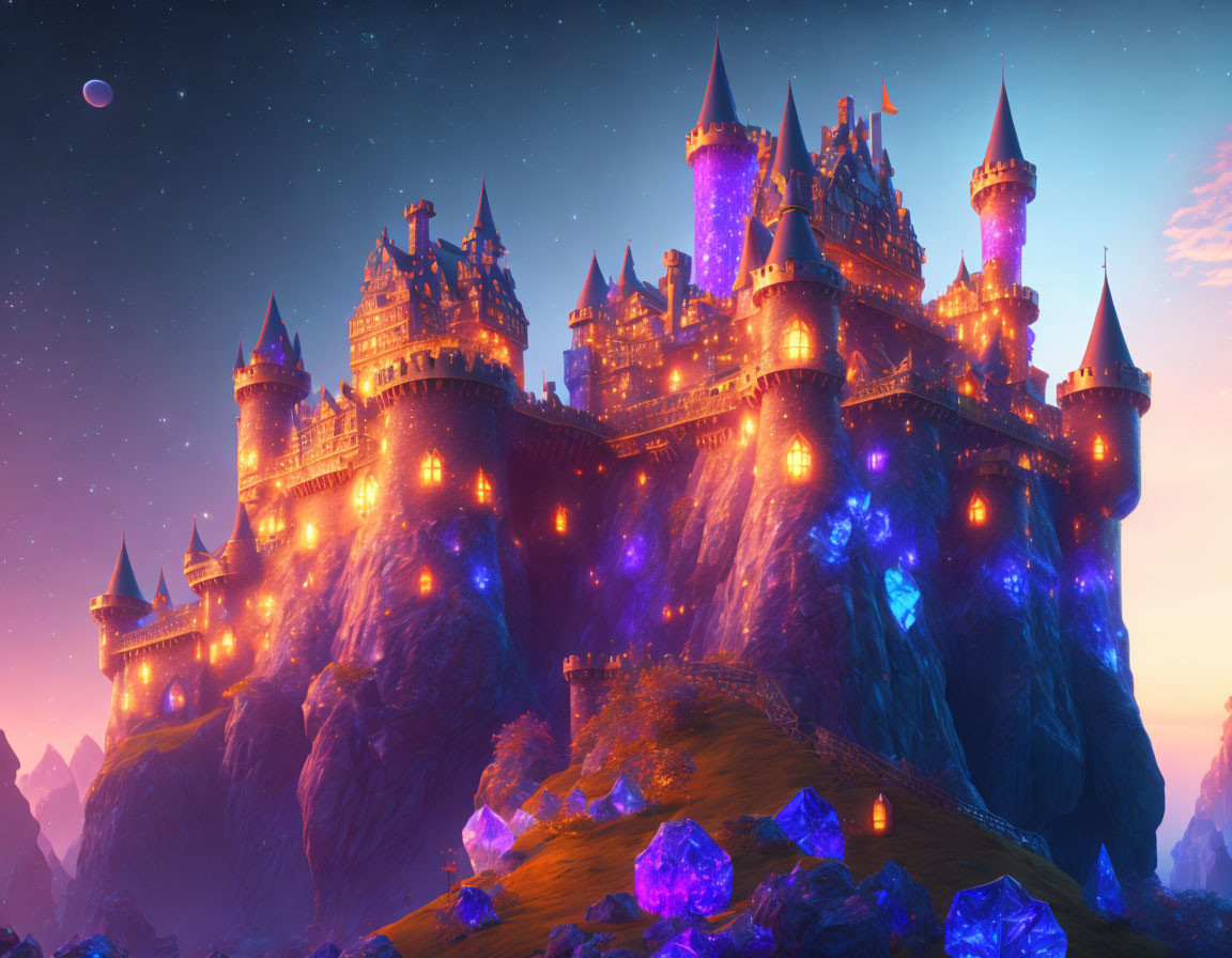 Fantasy castle on rocky outcrop under twilight sky with crescent moon and floating crystals