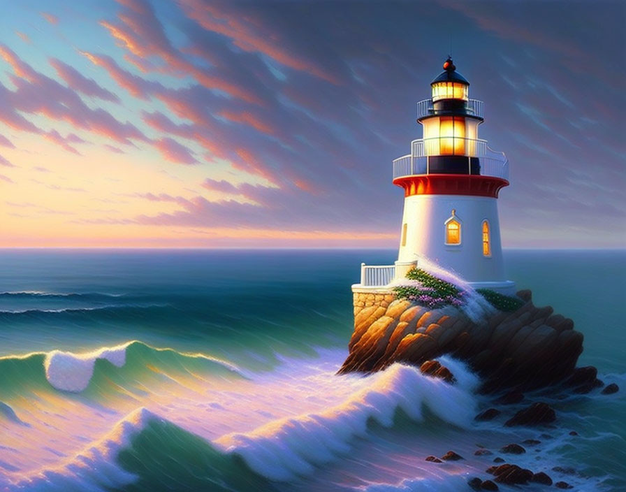 Scenic landscape with lighthouse, crashing waves, and colorful sunset