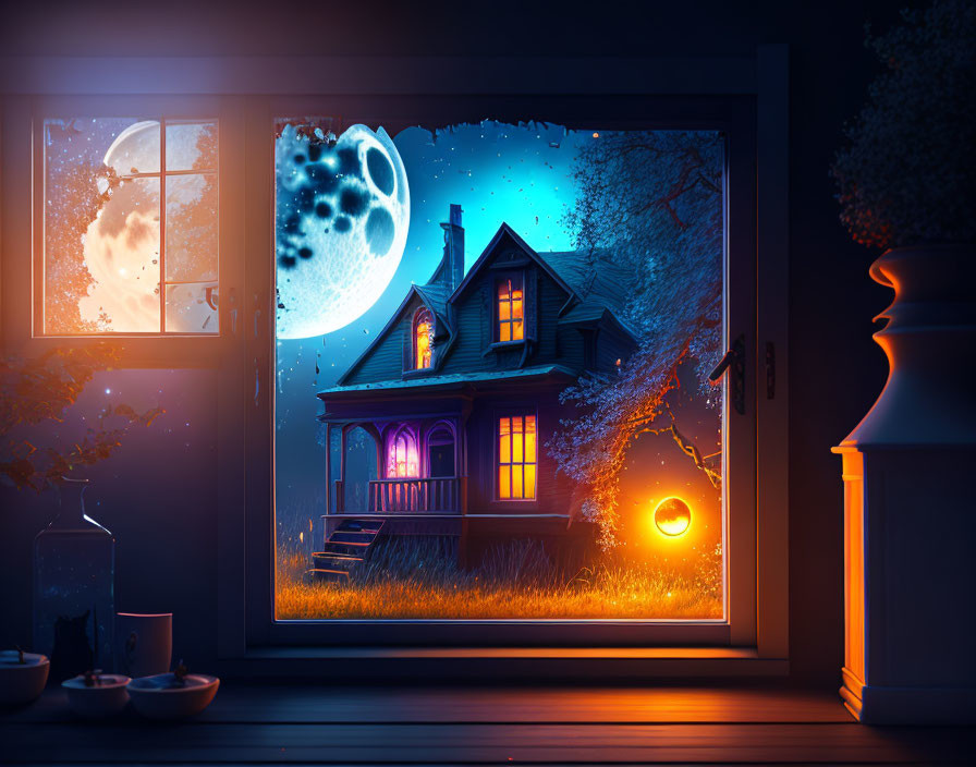 Night scene with fantasy landscape through window: small house, two moons, glowing orbs