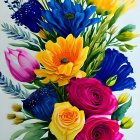 Colorful Rose Bouquet with Blue, Yellow, and Pink Flowers on Light Background