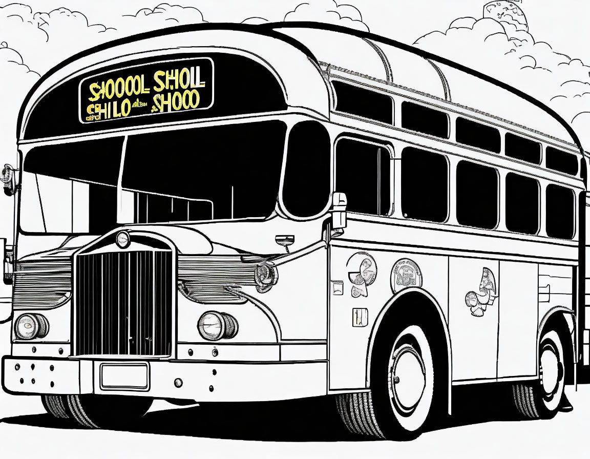 Monochrome vintage school bus illustration with stylized text, parked under cloudy sky