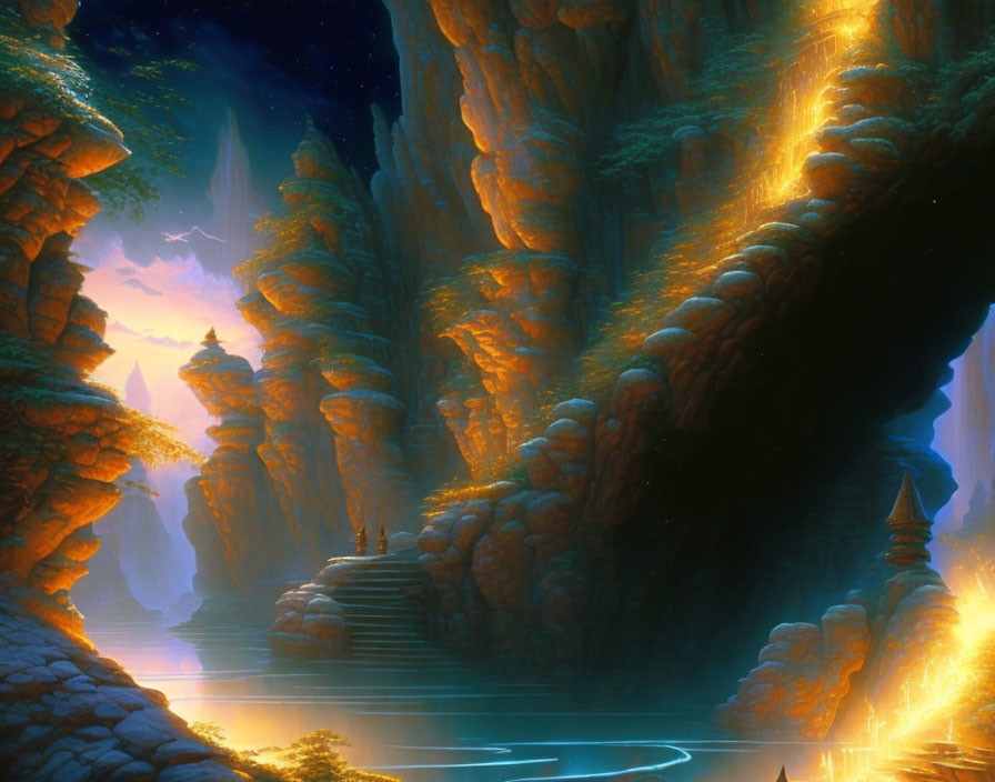 Mystical landscape with towering rock formations and tranquil river