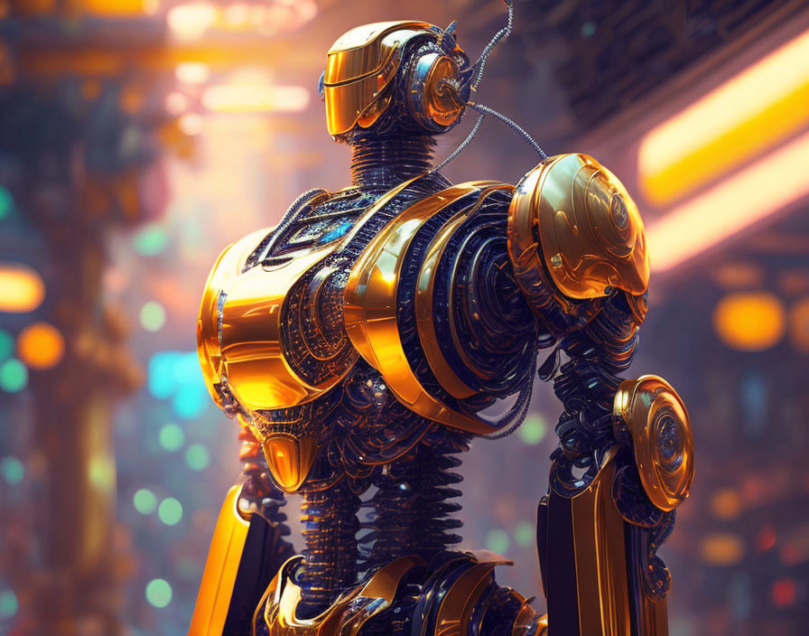 Detailed Golden Robot Against Futuristic Industrial Background