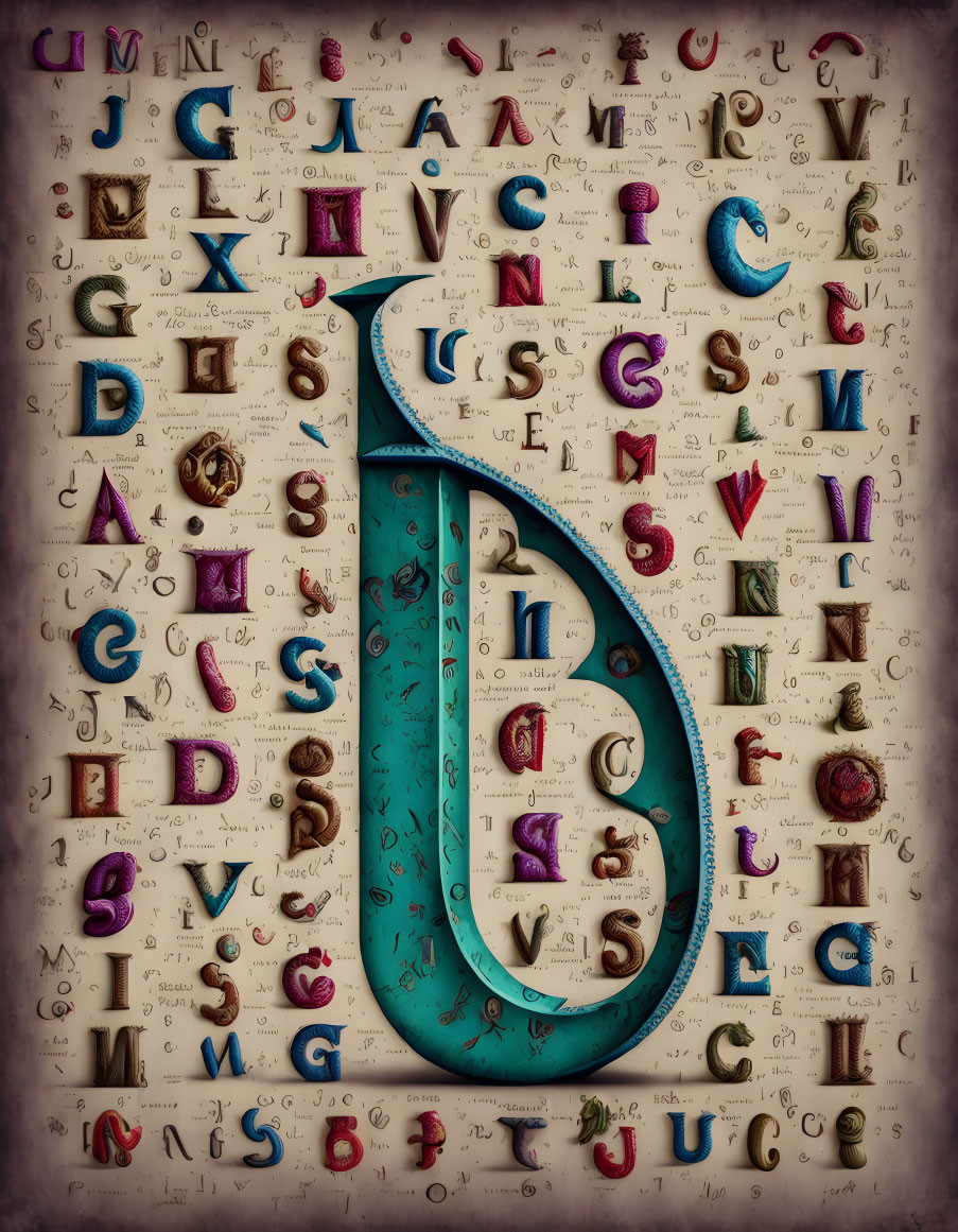 Colorful Alphabet Typography Illustration with Ornate Teal Letter D