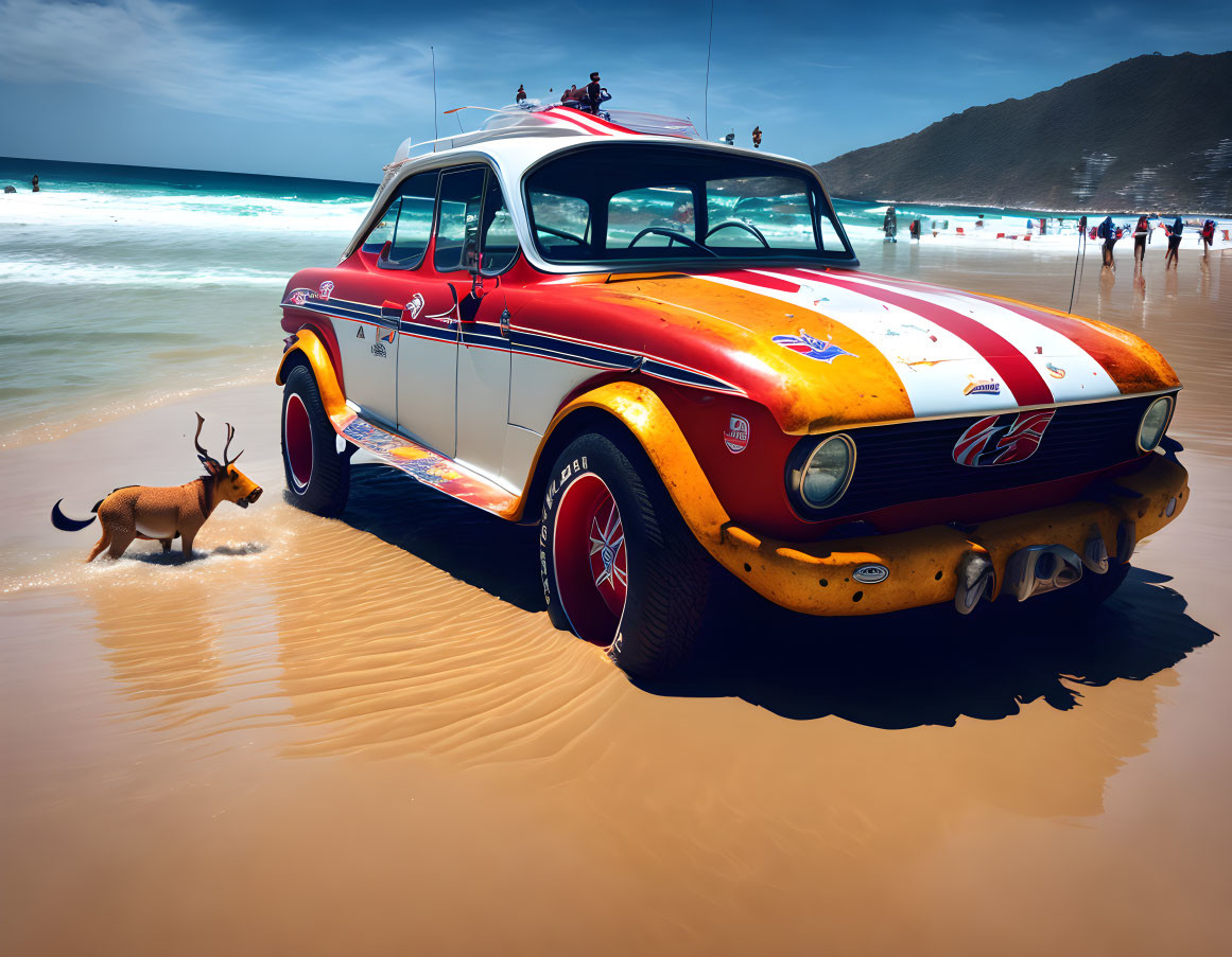 Vintage Red and White Car with Surfboards on Sunny Beach with Dog Approaching