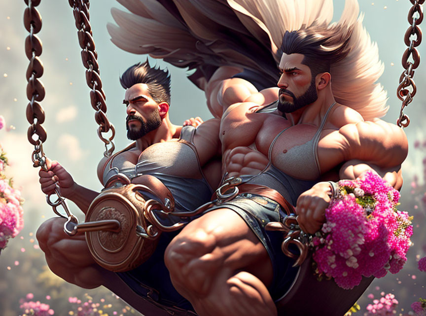 Muscular animated characters on chain surrounded by flowers in fantasy setting