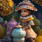 Detailed digital art: ornate doll in regal attire with intricate floral decor on warm, moody