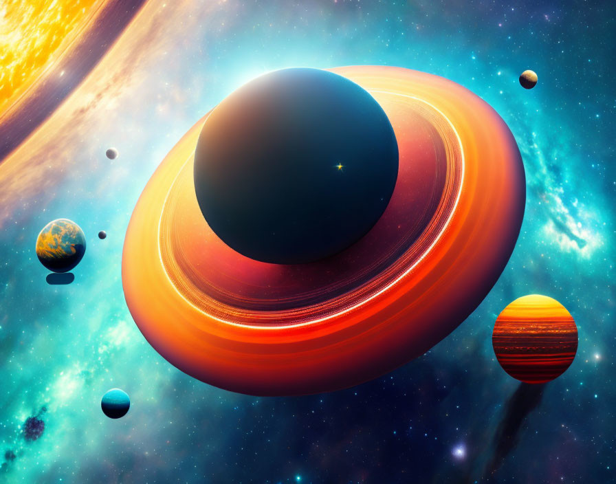 Colorful Digital Illustration of Planets with Rings in Celestial Space