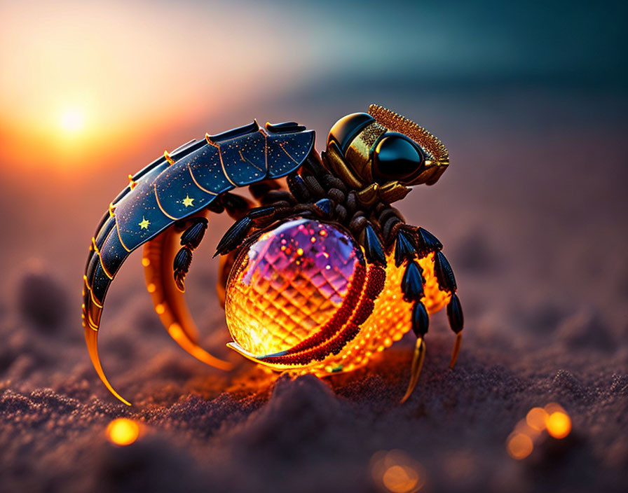 Mechanical scorpion with glowing orb in sandy sunset scene