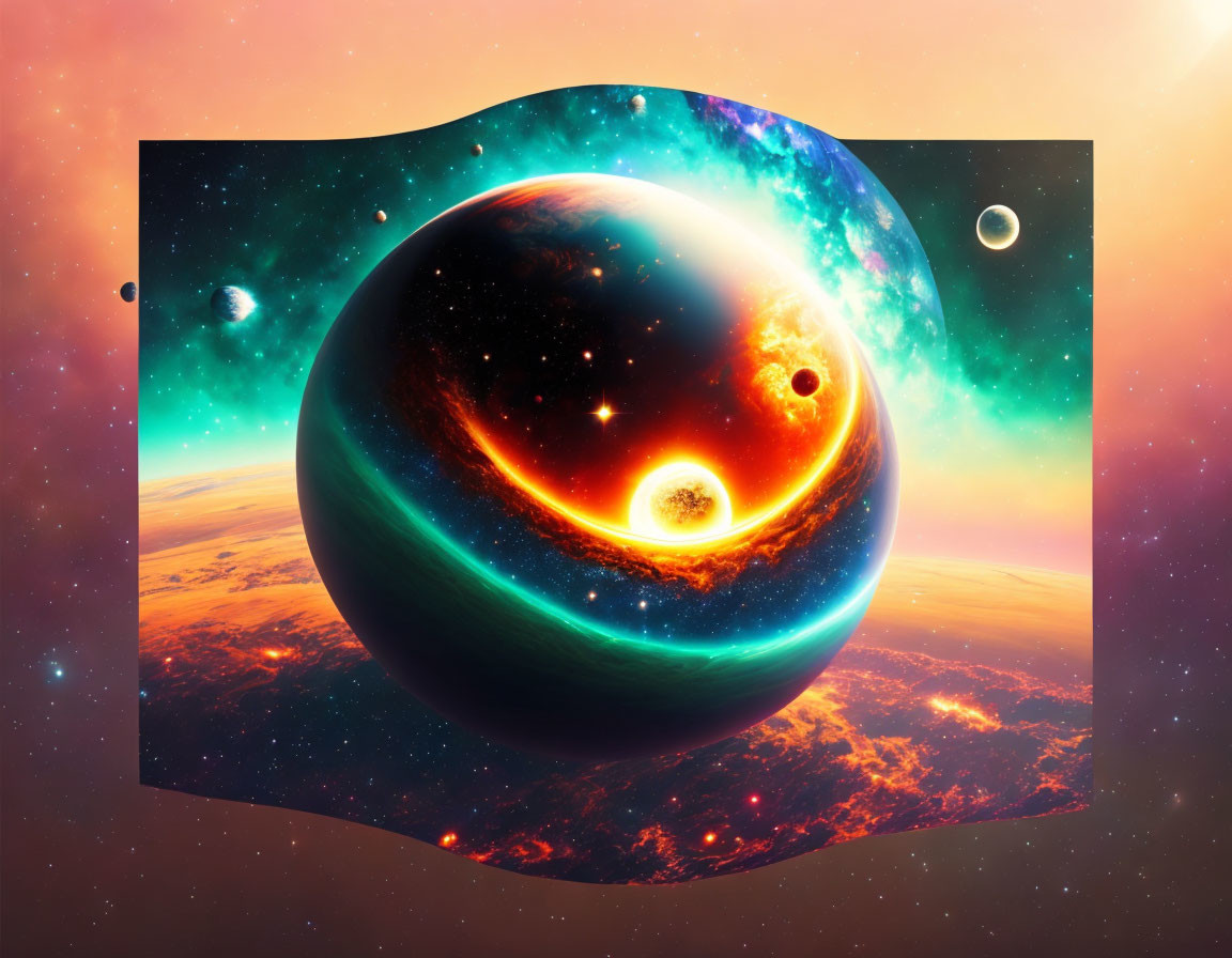 Digital Artwork: Fiery Celestial Sphere in Cosmic Sunset Sky