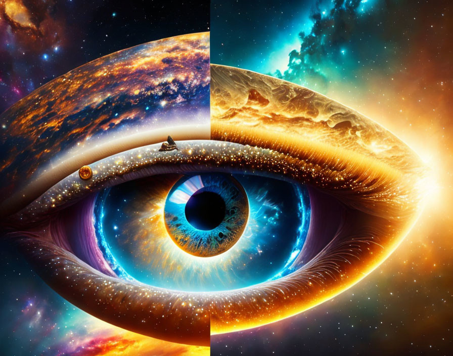 Close-up human eye with cosmic elements - surreal universe concept