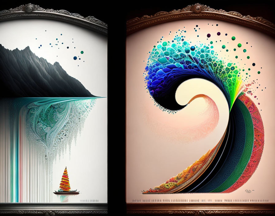 Digital Artwork: Contrasting Scenes of Minimalist Mountain and Vibrant Colorful Patterns