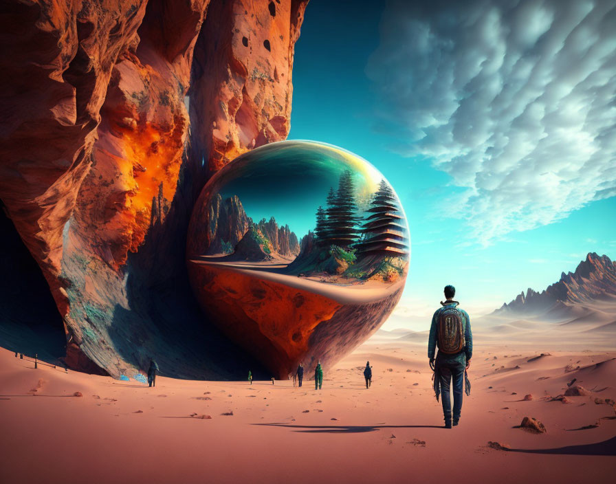 Exploration of surreal desert with giant reflective sphere and inverted terrain under vibrant sky