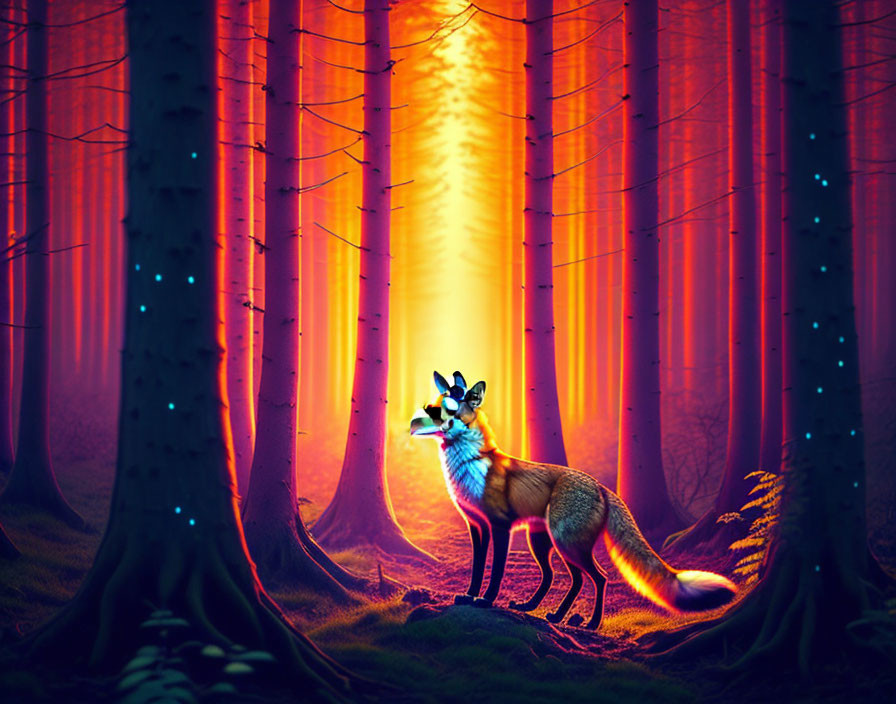 Glowing-eyed mystical fox in magical forest with floating lights