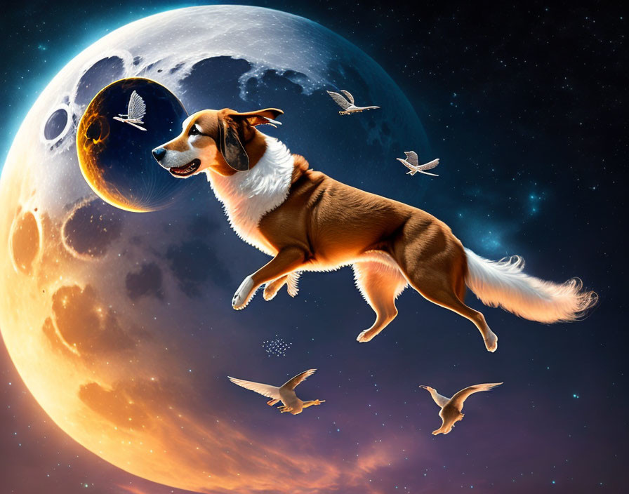 Dog floating in space with birds, moon, and stars