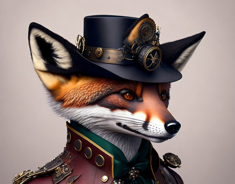 Anthropomorphic fox in steampunk attire with top hat